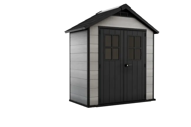 Szopa z żywicy Oakland o wymiarach 229,6 x 253 x 125 cm i 2,4 m2